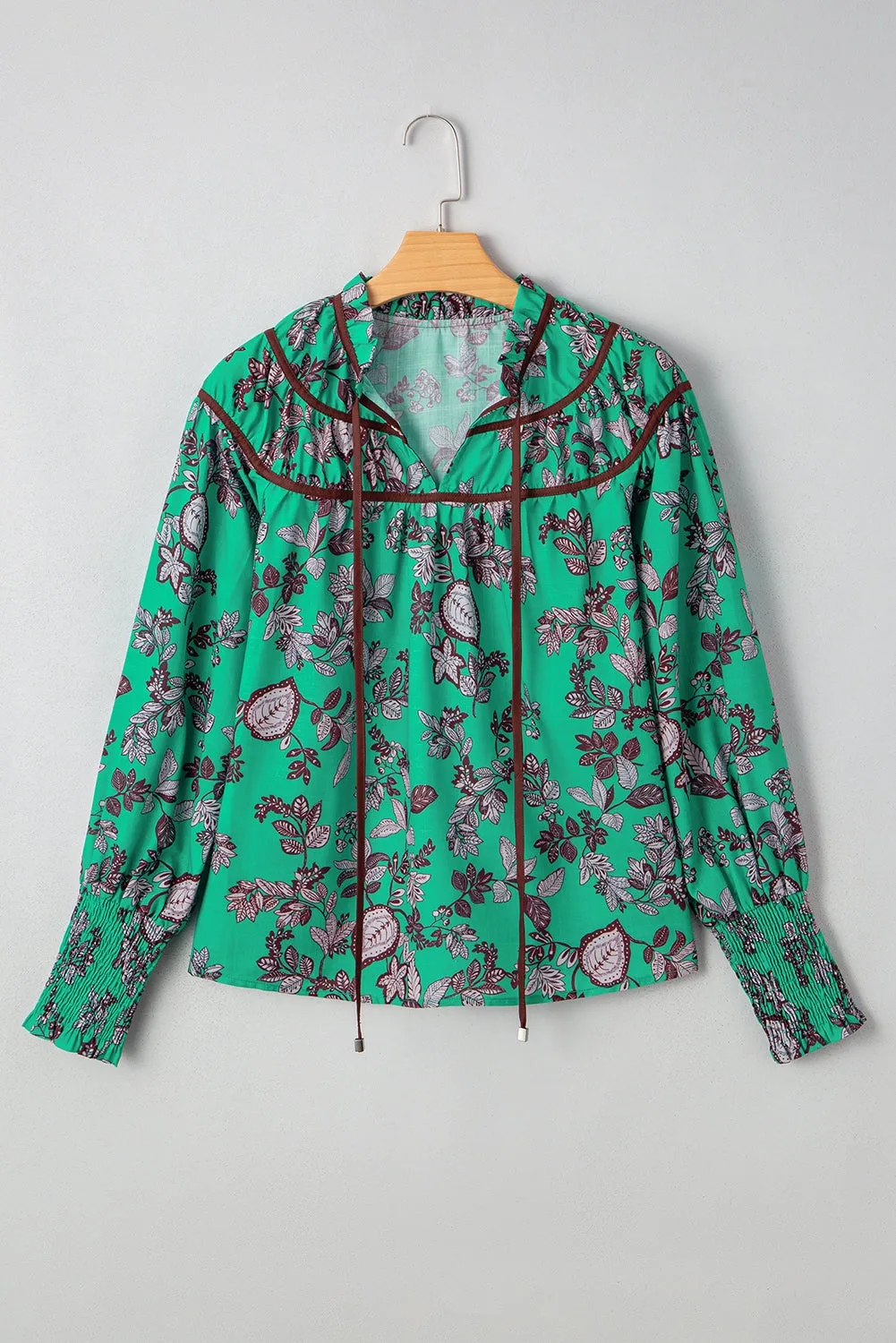 Leaf Print Contrast Trim V-Neck Shirred Puff Sleeve Blouse sold by Beagle Boutique