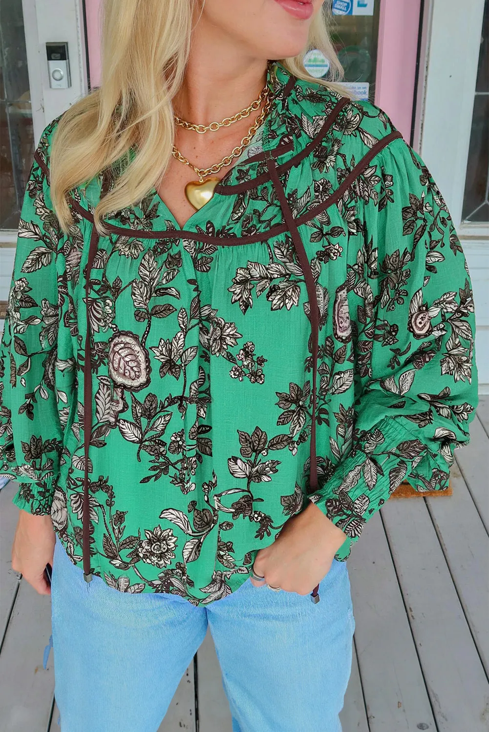 Leaf Print Contrast Trim V-Neck Shirred Puff Sleeve Blouse sold by Beagle Boutique product image thumbnail 2