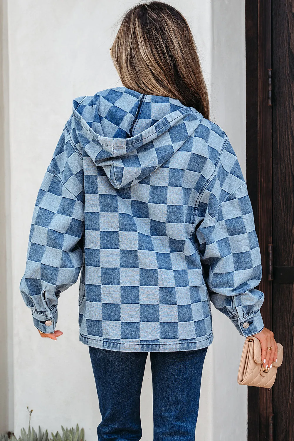 Checkerboard Zip Neck Kangaroo Pocket Denim Hoodie sold by Beagle Boutique product image thumbnail 3