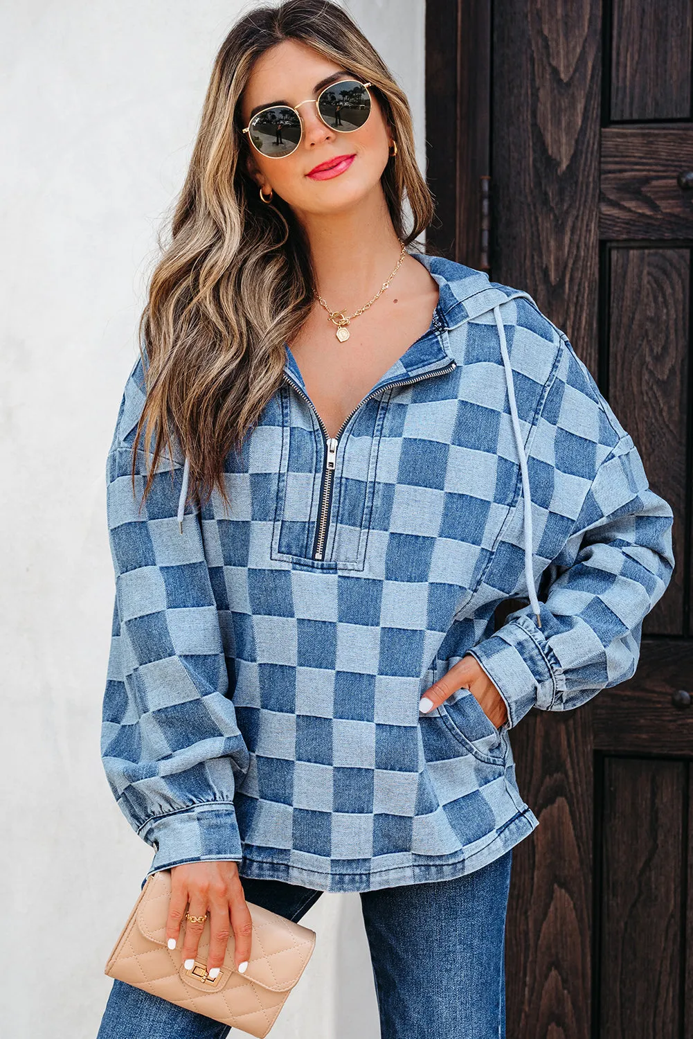 Checkerboard Zip Neck Kangaroo Pocket Denim Hoodie sold by Beagle Boutique product image thumbnail 2