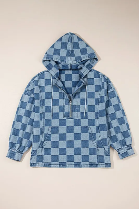Checkerboard Zip Neck Kangaroo Pocket Denim Hoodie sold by Beagle Boutique