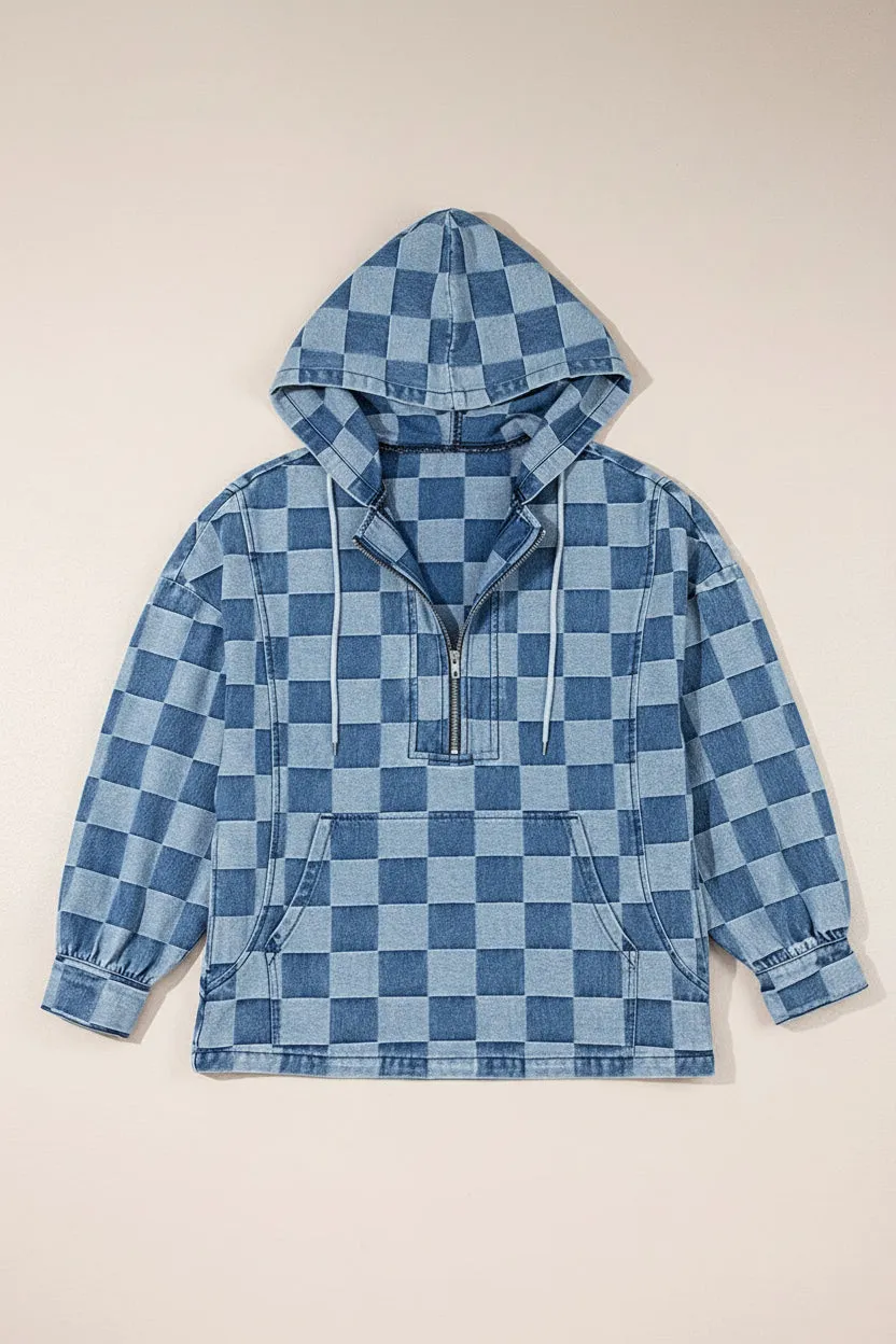 Checkerboard Zip Neck Kangaroo Pocket Denim Hoodie sold by Beagle Boutique