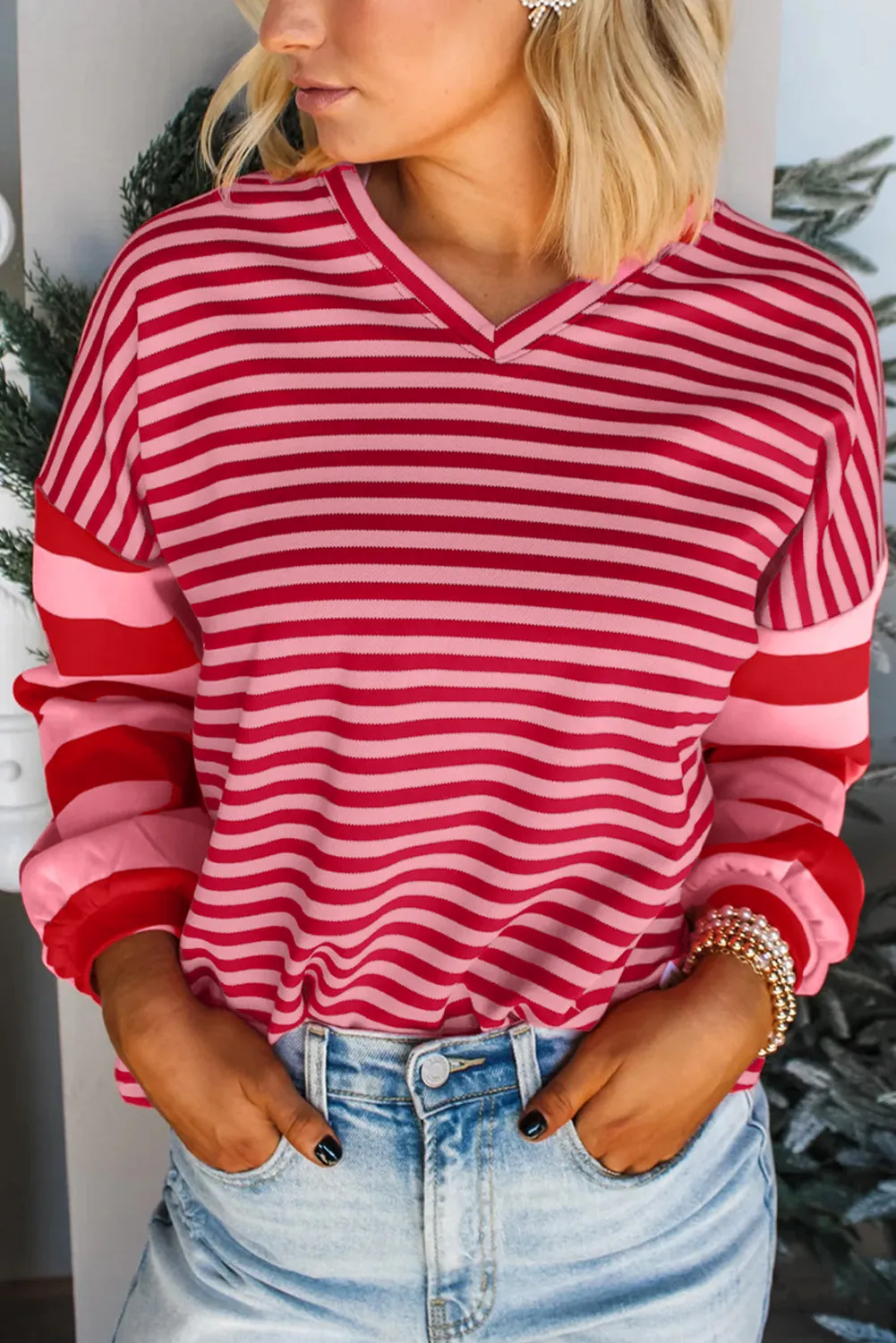 Mix Striped Drop Shoulder Patchwork Sleeve V-Neck Pullover sold by Beagle Boutique product image thumbnail 2