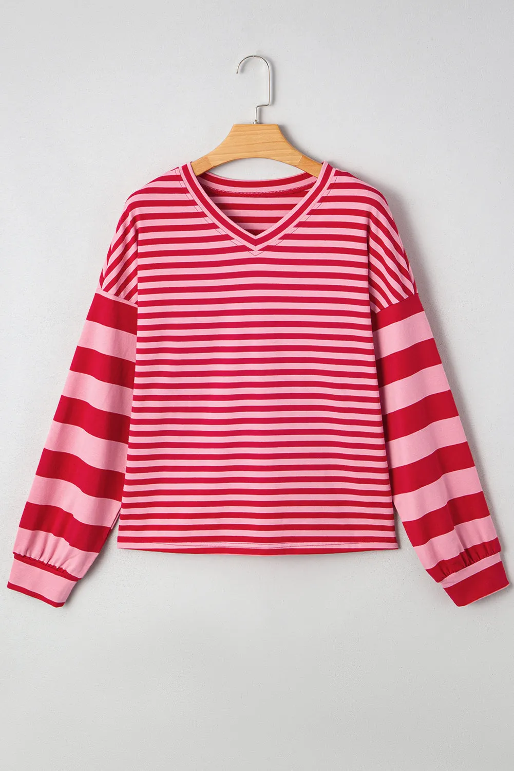 Mix Striped Drop Shoulder Patchwork Sleeve V-Neck Pullover sold by Beagle Boutique