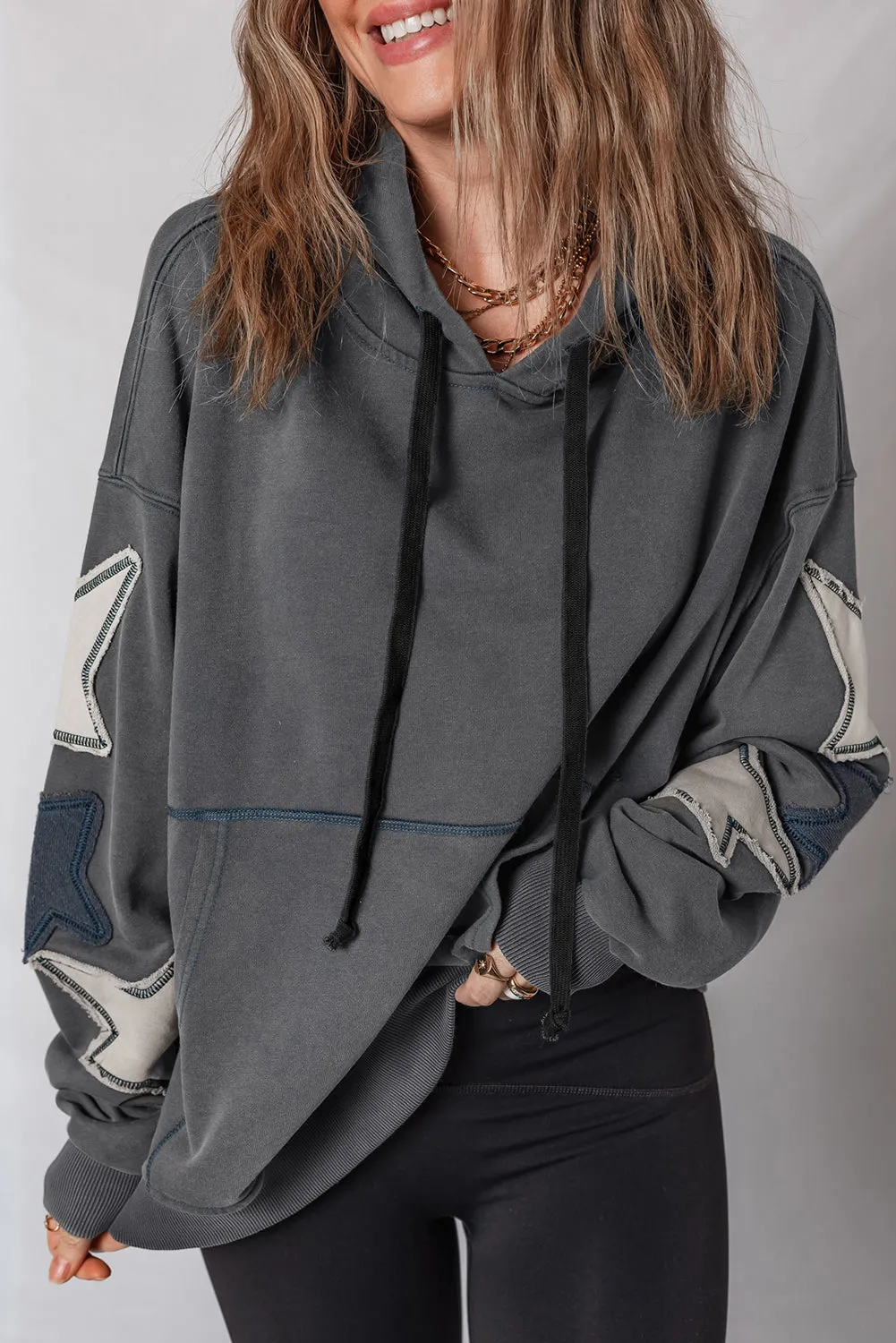 Star Patchwork Contrast Stitching Mineral Wash Kangaroo Pocket Vintage Hoodie sold by Beagle Boutique product image thumbnail 4