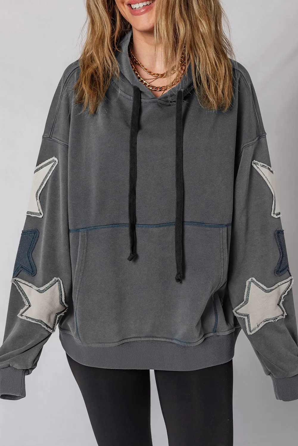 Star Patchwork Contrast Stitching Mineral Wash Kangaroo Pocket Vintage Hoodie sold by Beagle Boutique product image thumbnail 5
