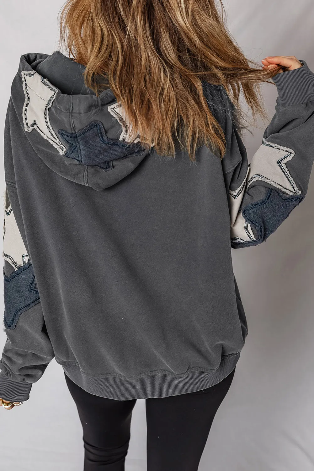 Star Patchwork Contrast Stitching Mineral Wash Kangaroo Pocket Vintage Hoodie sold by Beagle Boutique product image thumbnail 3