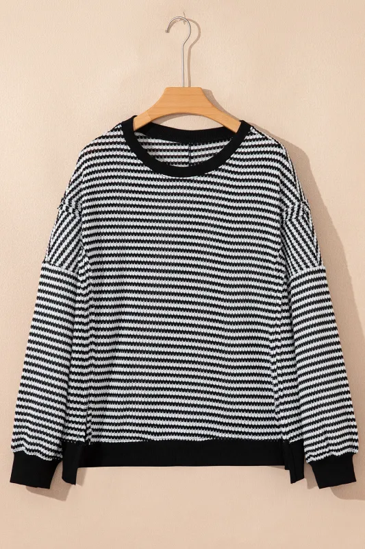 Stripe Ribbed Trim Drop Shoulder Long Sleeve Oversize Top sold by Beagle Boutique