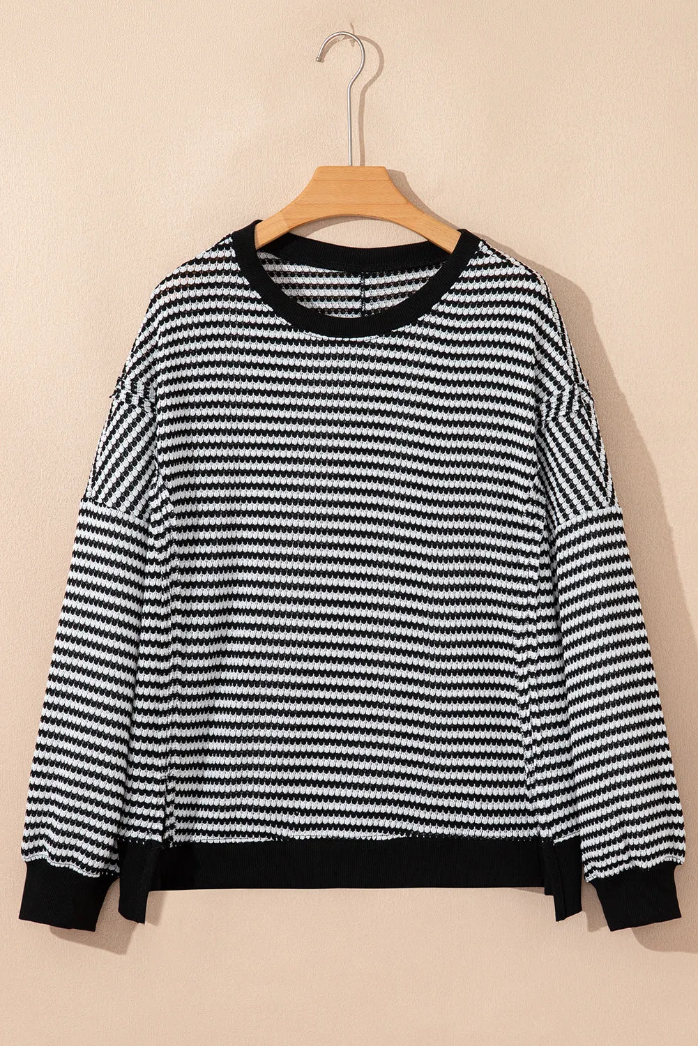 Stripe Ribbed Trim Drop Shoulder Long Sleeve Oversize Top sold by Beagle Boutique