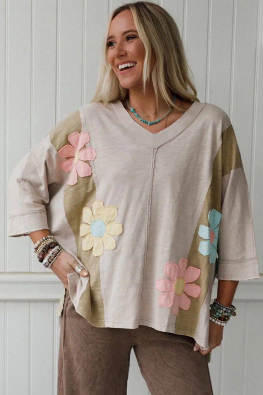 Flower Patched Exposed Seam Bracelet Sleeve Oversized T-Shirt sold by Beagle Boutique product image thumbnail 4