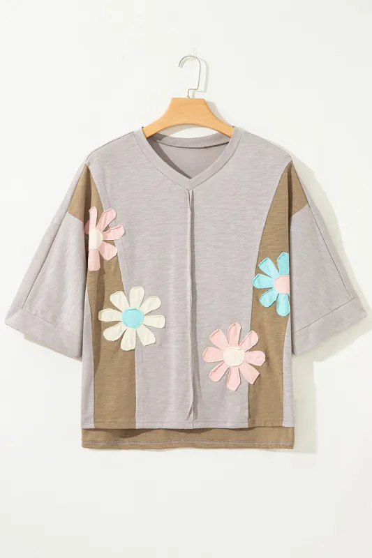 Flower Patched Exposed Seam Bracelet Sleeve Oversized T-Shirt sold by Beagle Boutique