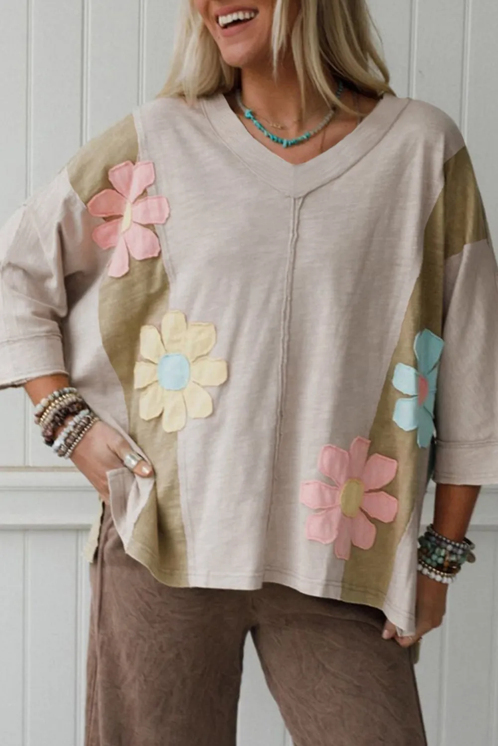Flower Patched Exposed Seam Bracelet Sleeve Oversized T-Shirt sold by Beagle Boutique product image thumbnail 2