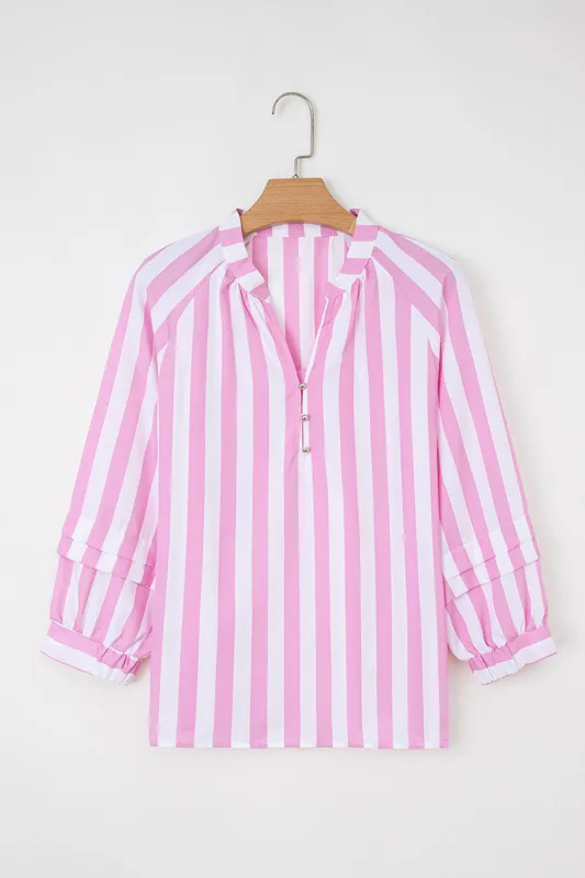 Stripe Split Neck Button Decor Front Puff Sleeve Blouse sold by Beagle Boutique