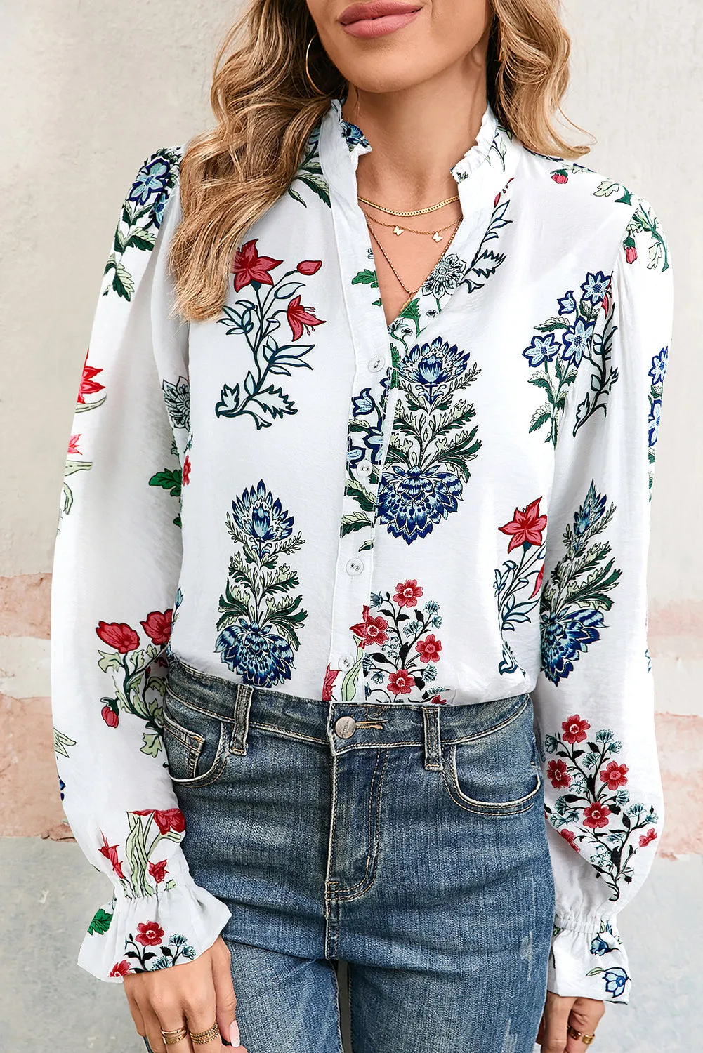 White Floral Print Frilled Collar V-Neck Long Sleeve Shirt sold by Beagle Boutique product image thumbnail 2