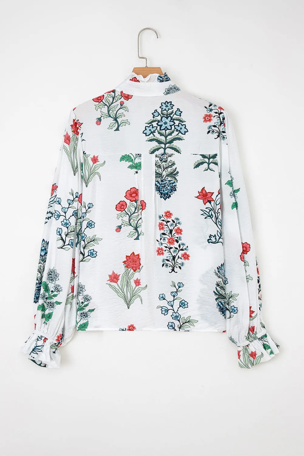 White Floral Print Frilled Collar V-Neck Long Sleeve Shirt sold by Beagle Boutique product image thumbnail 4