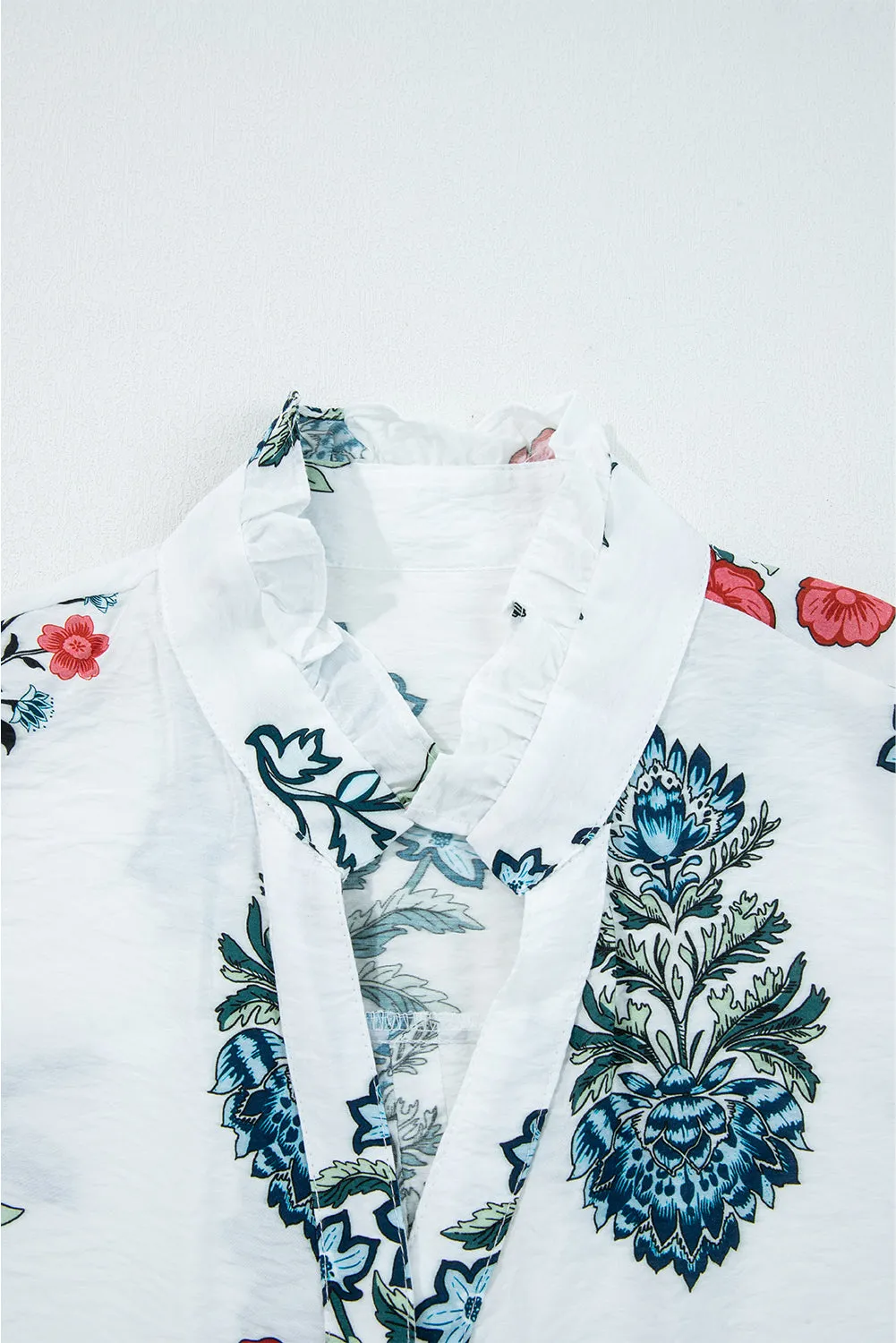 White Floral Print Frilled Collar V-Neck Long Sleeve Shirt sold by Beagle Boutique product image thumbnail 5