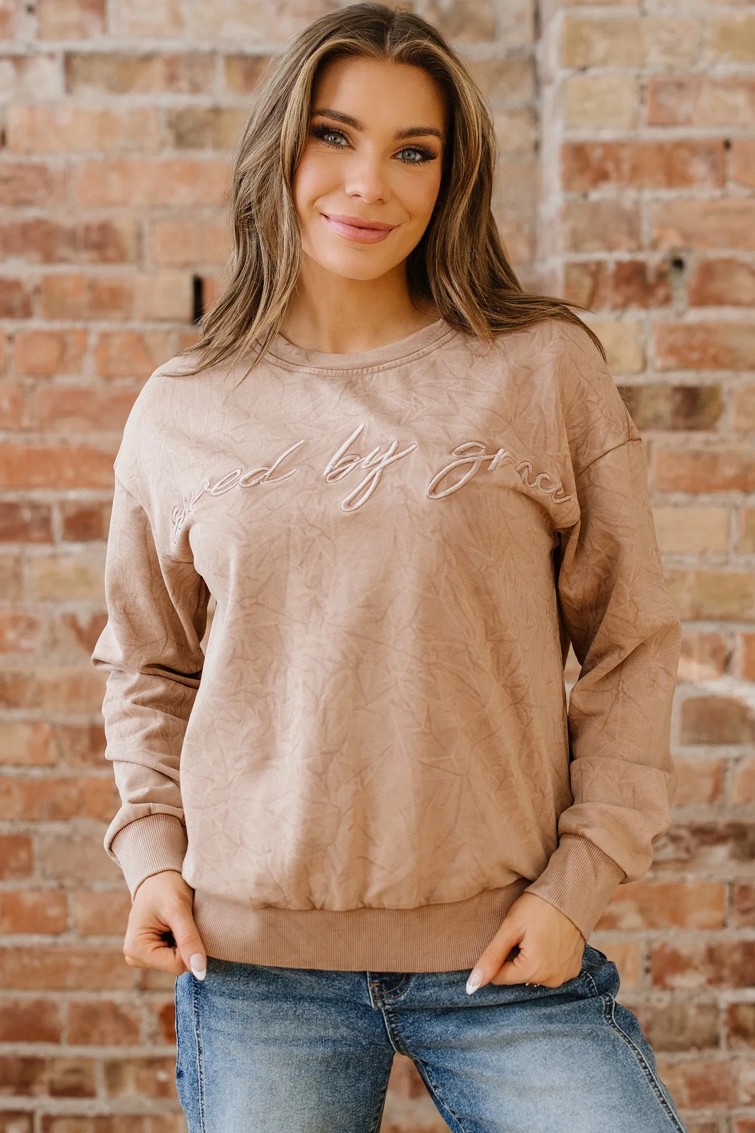 "Saved By Grace" Letter Embroidery Mineral Wash Loose Sweatshirt sold by Beagle Boutique product image thumbnail 2