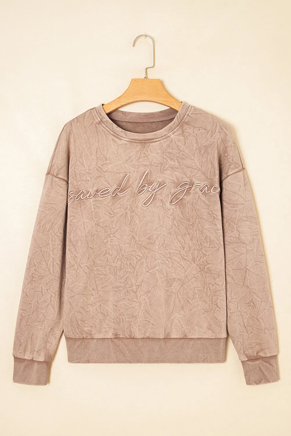 "Saved By Grace" Letter Embroidery Mineral Wash Loose Sweatshirt sold by Beagle Boutique