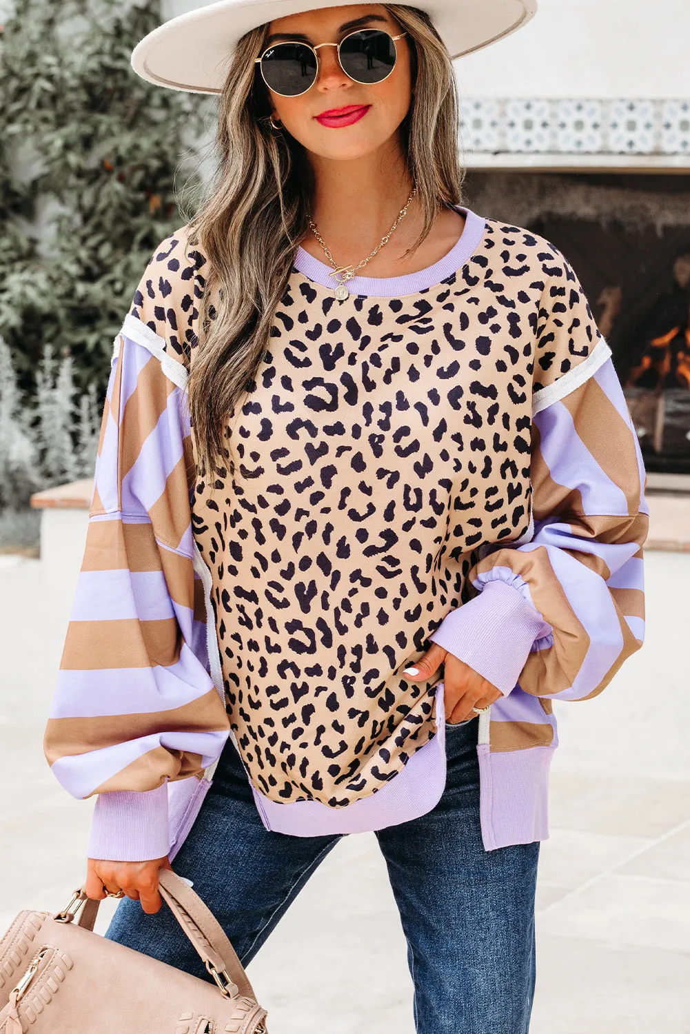 Stripe Colour Block Leopard Casual Sweatshirt with Slits sold by Beagle Boutique product image thumbnail 4