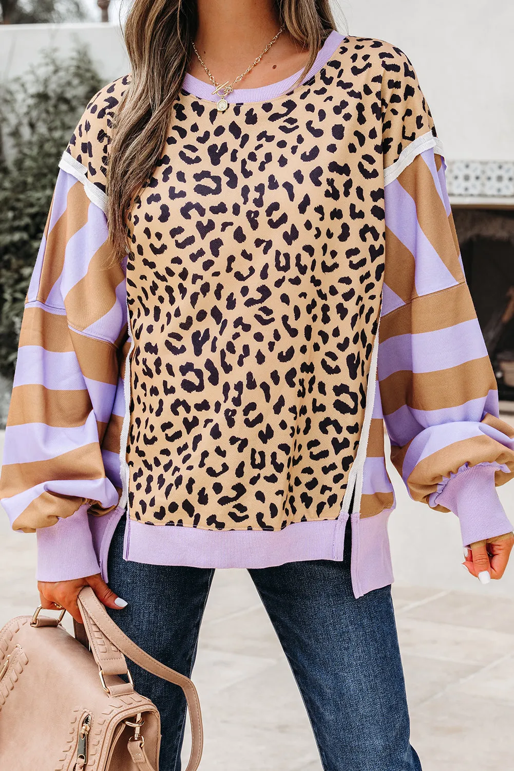 Stripe Colour Block Leopard Casual Sweatshirt with Slits sold by Beagle Boutique product image thumbnail 2