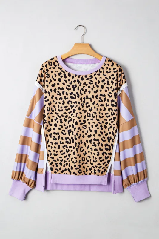 Stripe Colour Block Leopard Casual Sweatshirt with Slits sold by Beagle Boutique