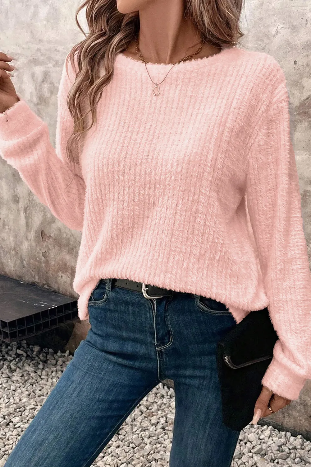 Fuzzy Ribbed Texture Round Neck Long Sleeve Top sold by Beagle Boutique product image thumbnail 5