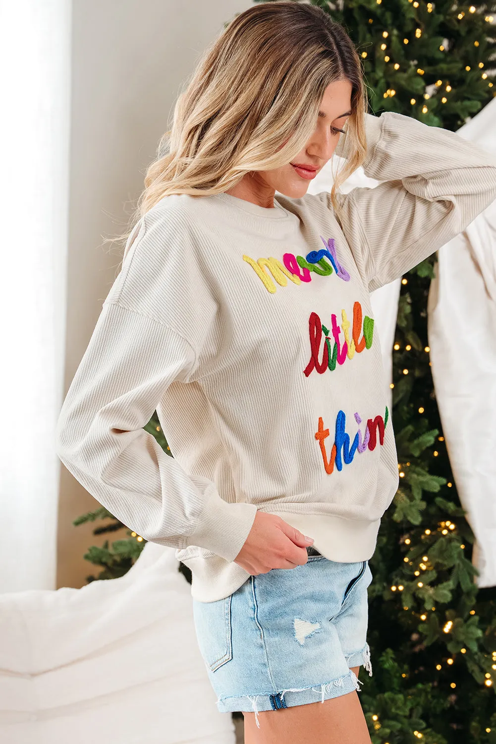 Merry Little Thing Corded Letter Graphic Ribbed Loose Sweatshirt sold by Beagle Boutique product image thumbnail 4