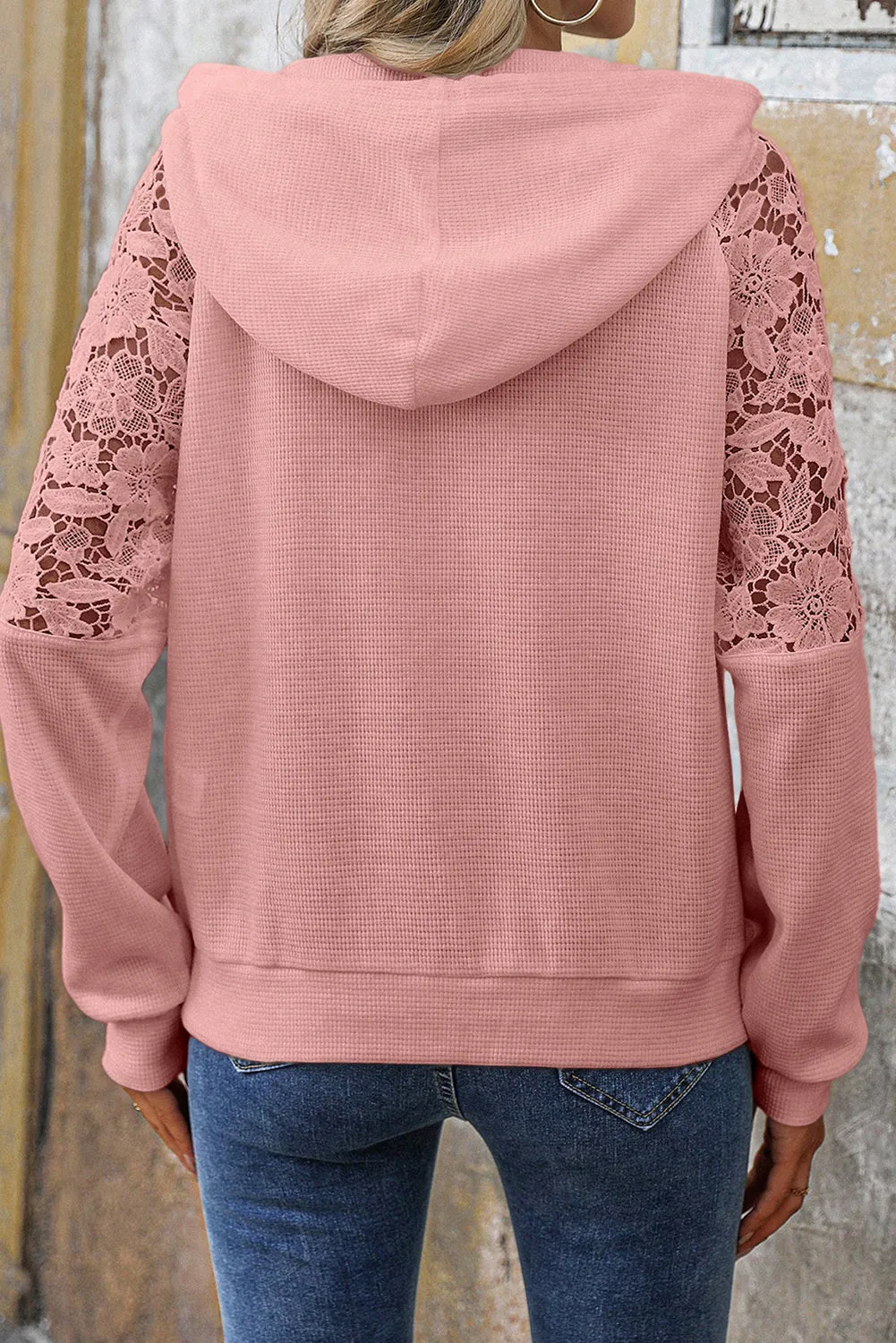 Lace Patchwork Raglan Sleeve Kangaroo Pocket Waffle Hoodie sold by Beagle Boutique product image thumbnail 3