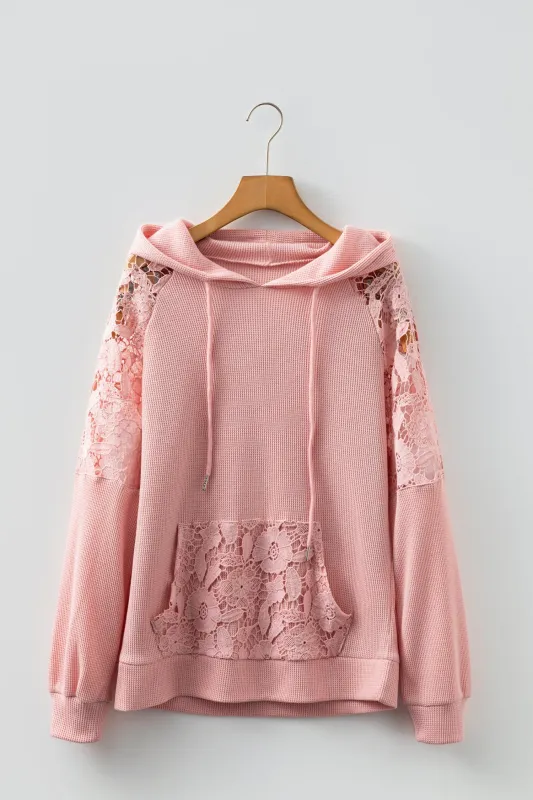 Lace Patchwork Raglan Sleeve Kangaroo Pocket Waffle Hoodie sold by Beagle Boutique