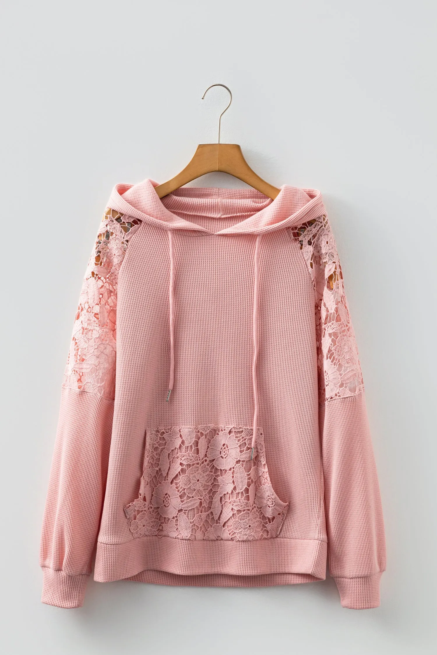 Lace Patchwork Raglan Sleeve Kangaroo Pocket Waffle Hoodie sold by Beagle Boutique