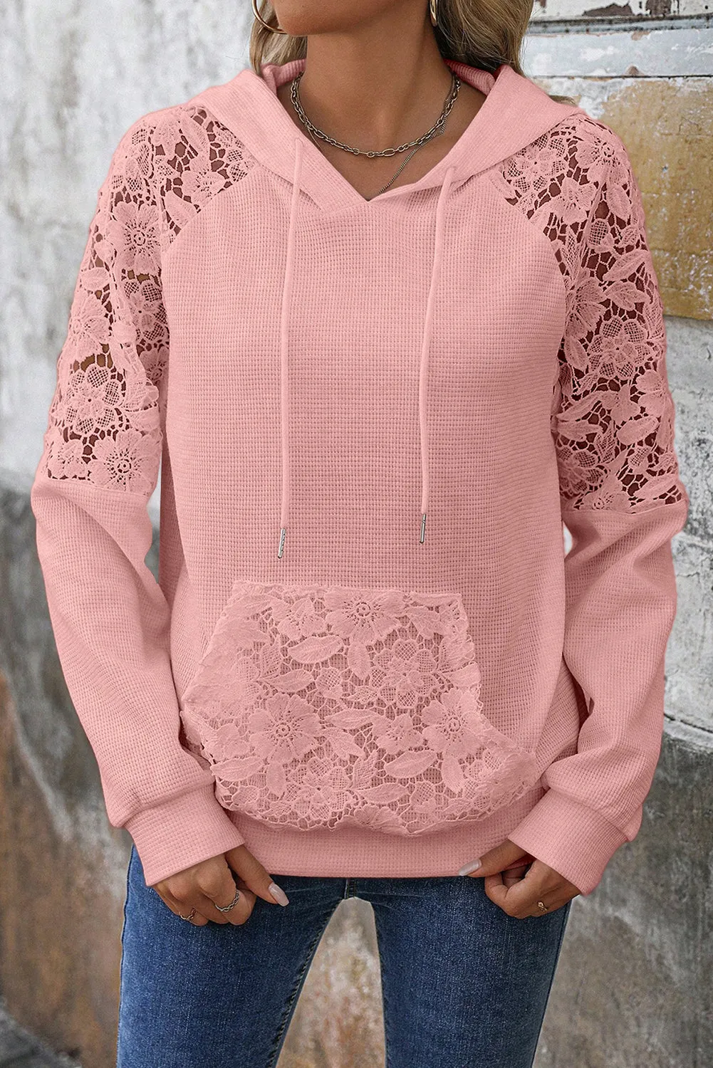 Lace Patchwork Raglan Sleeve Kangaroo Pocket Waffle Hoodie sold by Beagle Boutique product image thumbnail 4