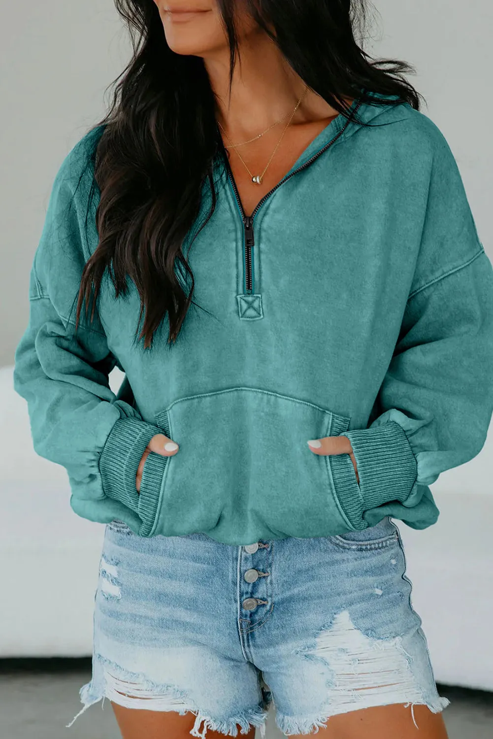 Half Zip Kangaroo Pocket Mineral Wash Baggy Hoodie sold by Beagle Boutique product image thumbnail 4