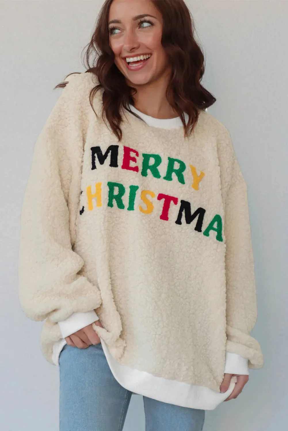 MERRY CHRISTMAS Multicoloured Embroidered Sherpa Pullover Sweatshirt sold by Beagle Boutique product image thumbnail 4
