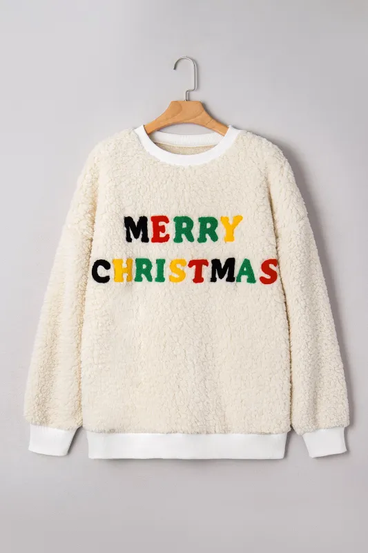 MERRY CHRISTMAS Multicoloured Embroidered Sherpa Pullover Sweatshirt sold by Beagle Boutique