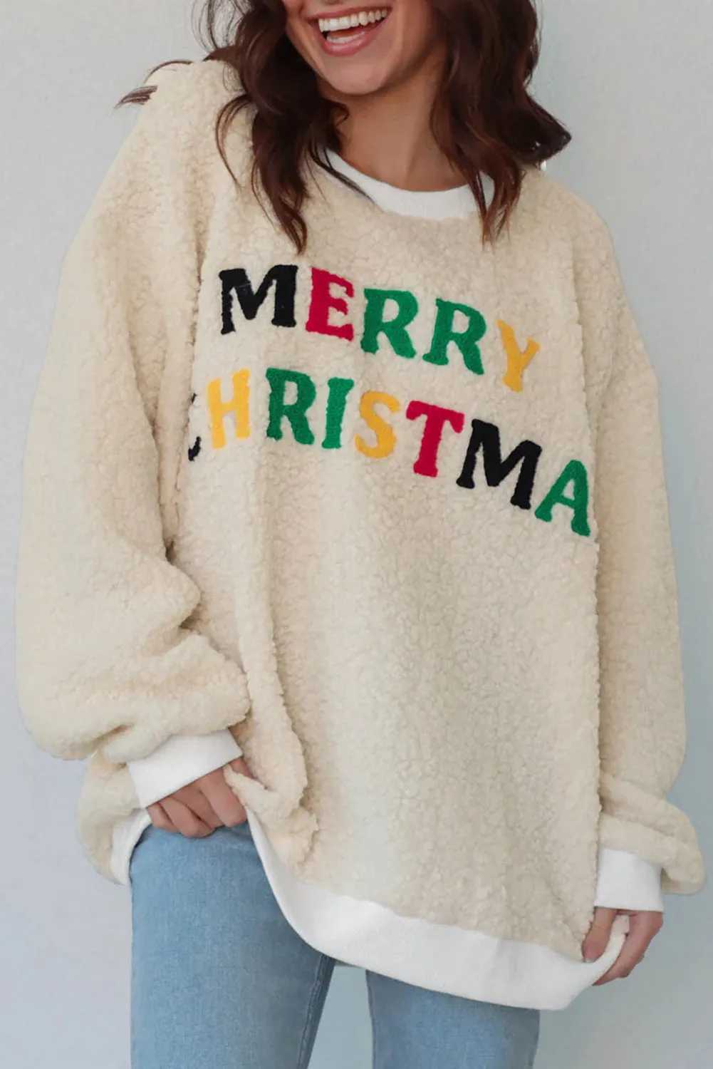 MERRY CHRISTMAS Multicoloured Embroidered Sherpa Pullover Sweatshirt sold by Beagle Boutique product image thumbnail 2
