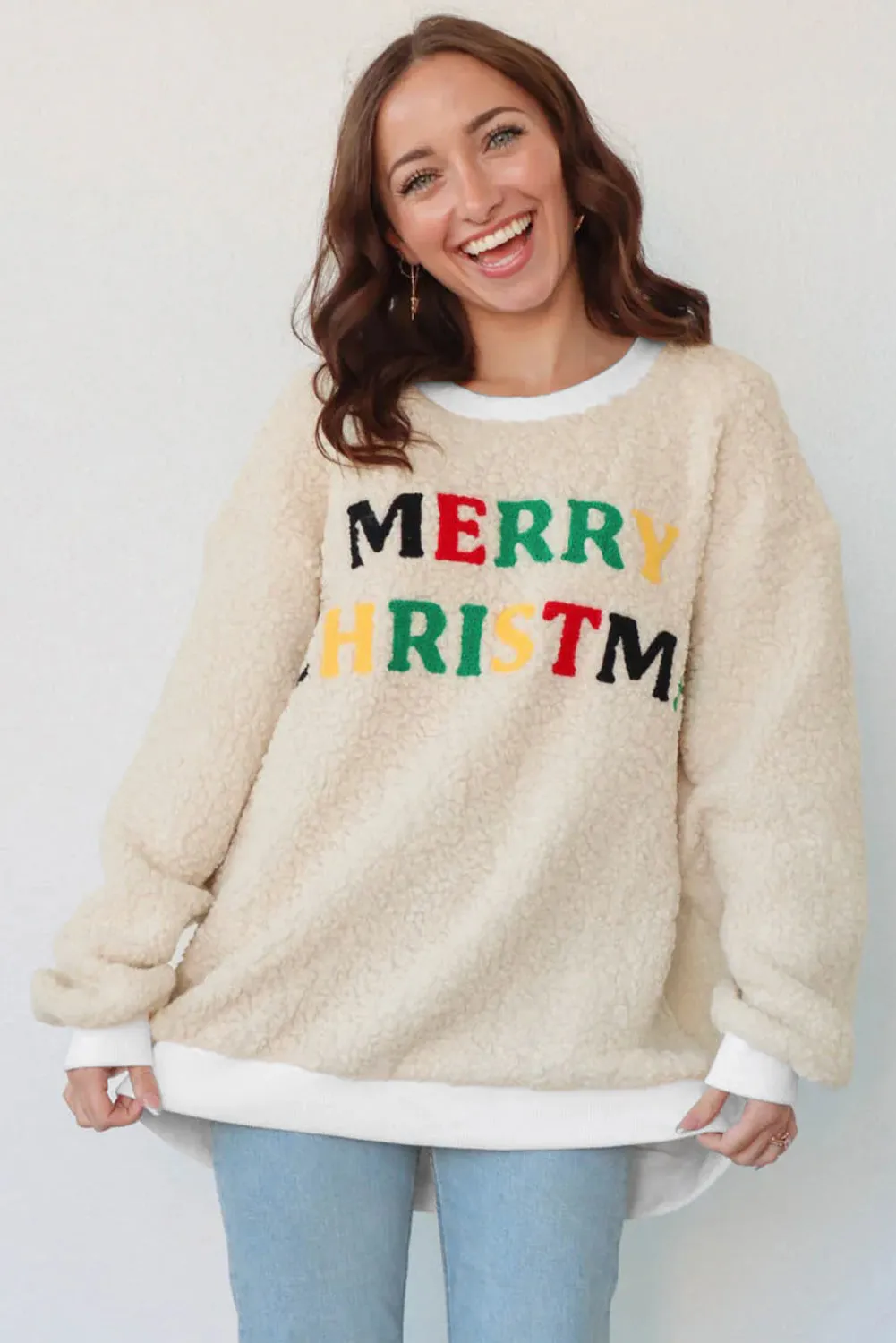 MERRY CHRISTMAS Multicoloured Embroidered Sherpa Pullover Sweatshirt sold by Beagle Boutique product image thumbnail 3