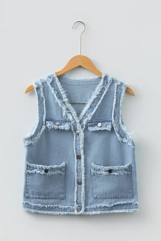 Frayed Edge Flap Pockets Denim Vest Jacket sold by Beagle Boutique