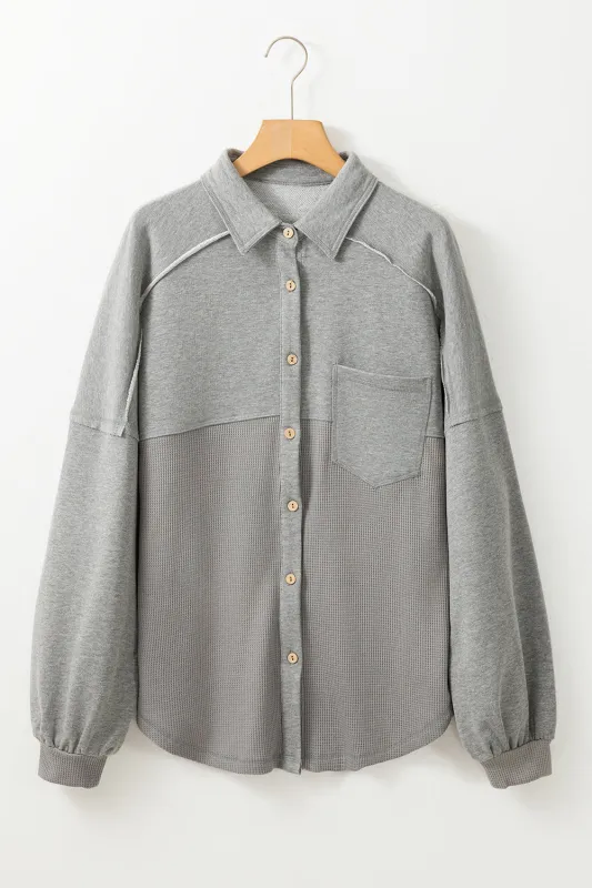Medium Grey Waffle Textured Exposed Seam Oversized Shacket sold by Beagle Boutique