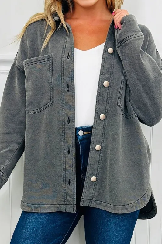 Mineral Wash Chest Pockets Drop Shoulder Shacket with Side Slit sold by Beagle Boutique