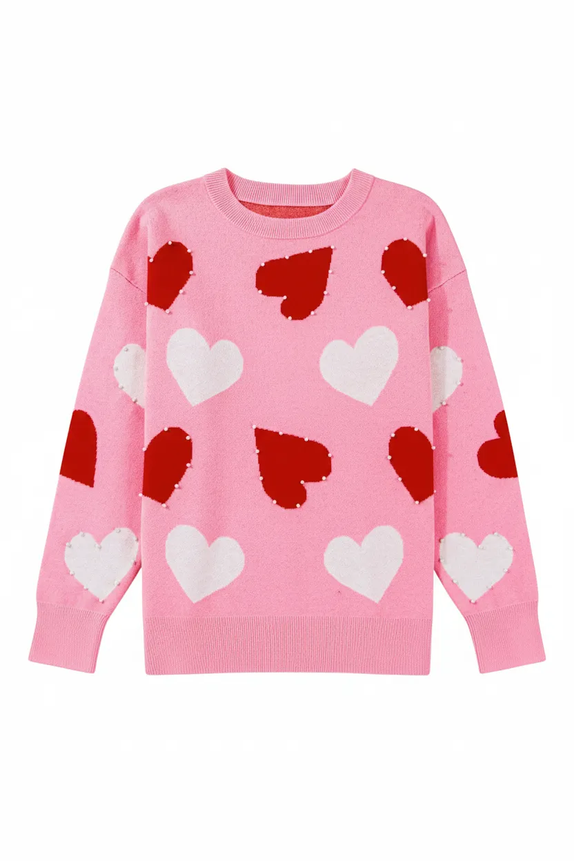 Pink Pearl Embellished Heart Pattern Sweater sold by Beagle Boutique