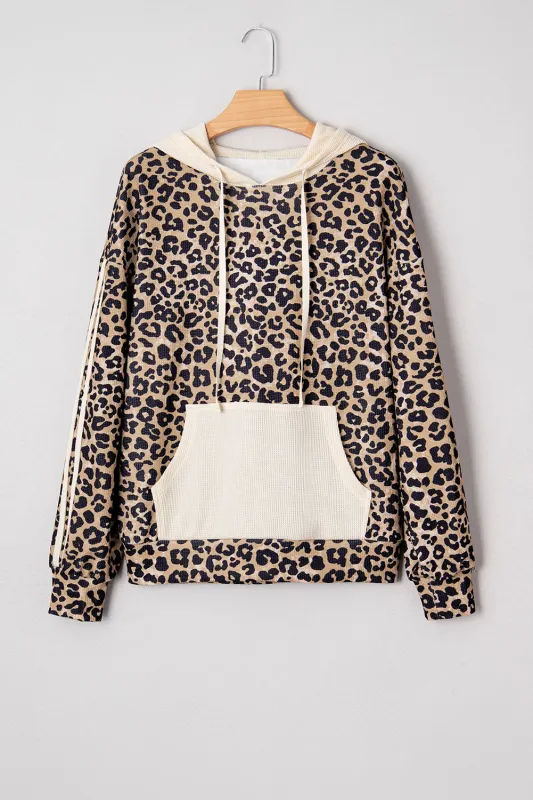 Leopard Print Waffle Contrast Kangaroo Pocket Hooded Sweatshirt sold by Beagle Boutique