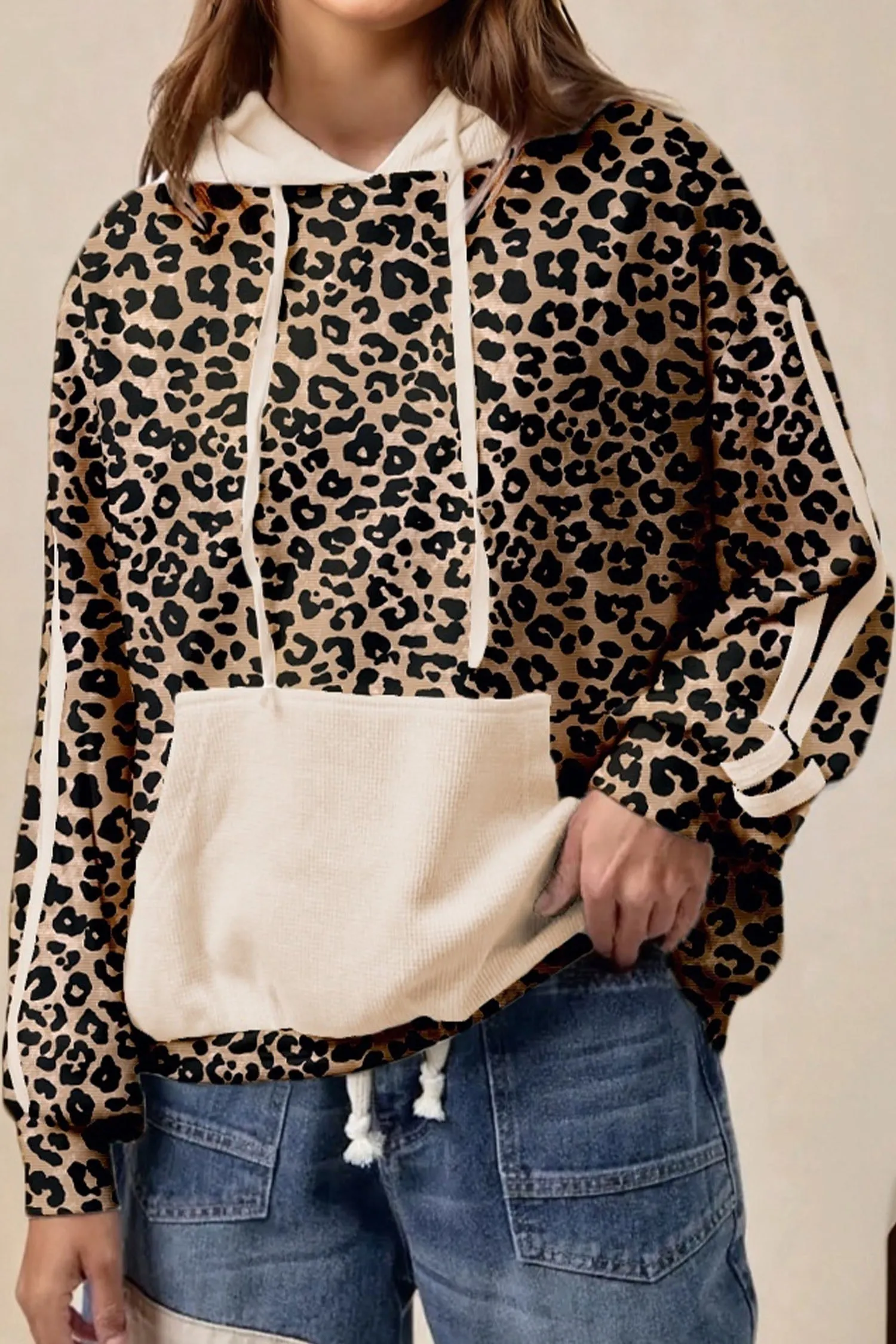 Leopard Print Waffle Contrast Kangaroo Pocket Hooded Sweatshirt sold by Beagle Boutique product image thumbnail 2
