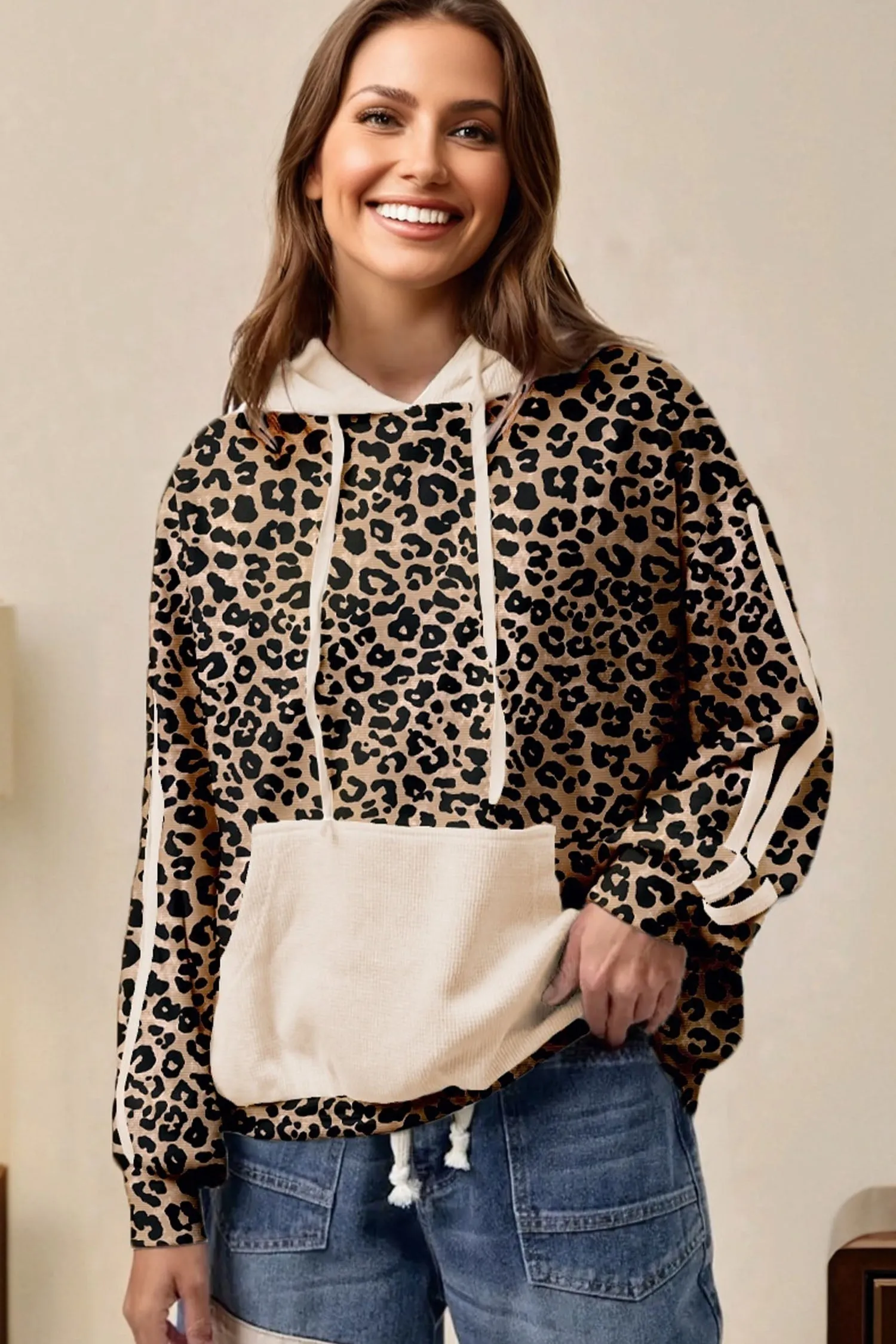 Leopard Print Waffle Contrast Kangaroo Pocket Hooded Sweatshirt sold by Beagle Boutique product image thumbnail 3