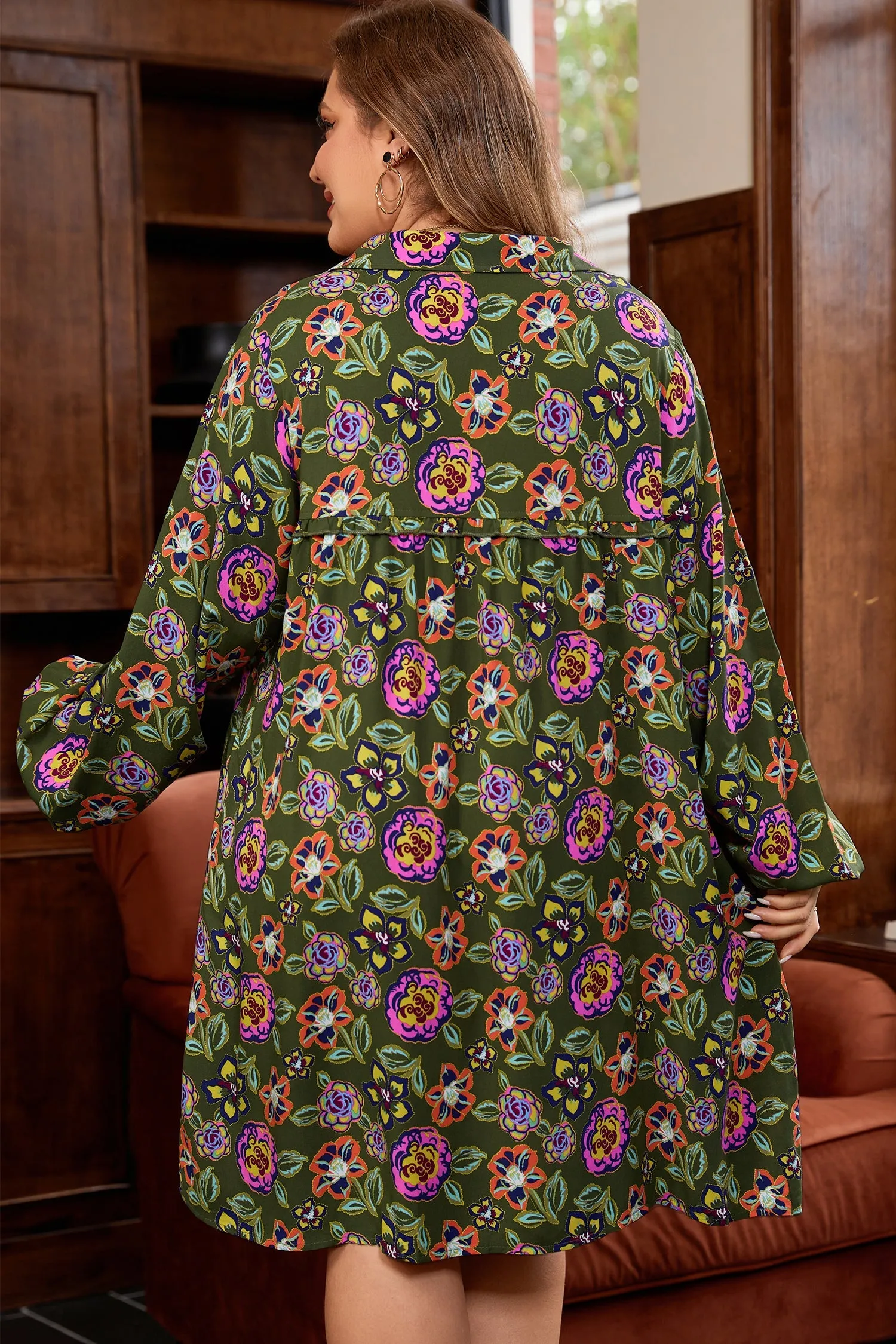 Plus Size Floral Print Collared V-Neck Loose Mini Dress sold by Beagle Boutique product image thumbnail 2