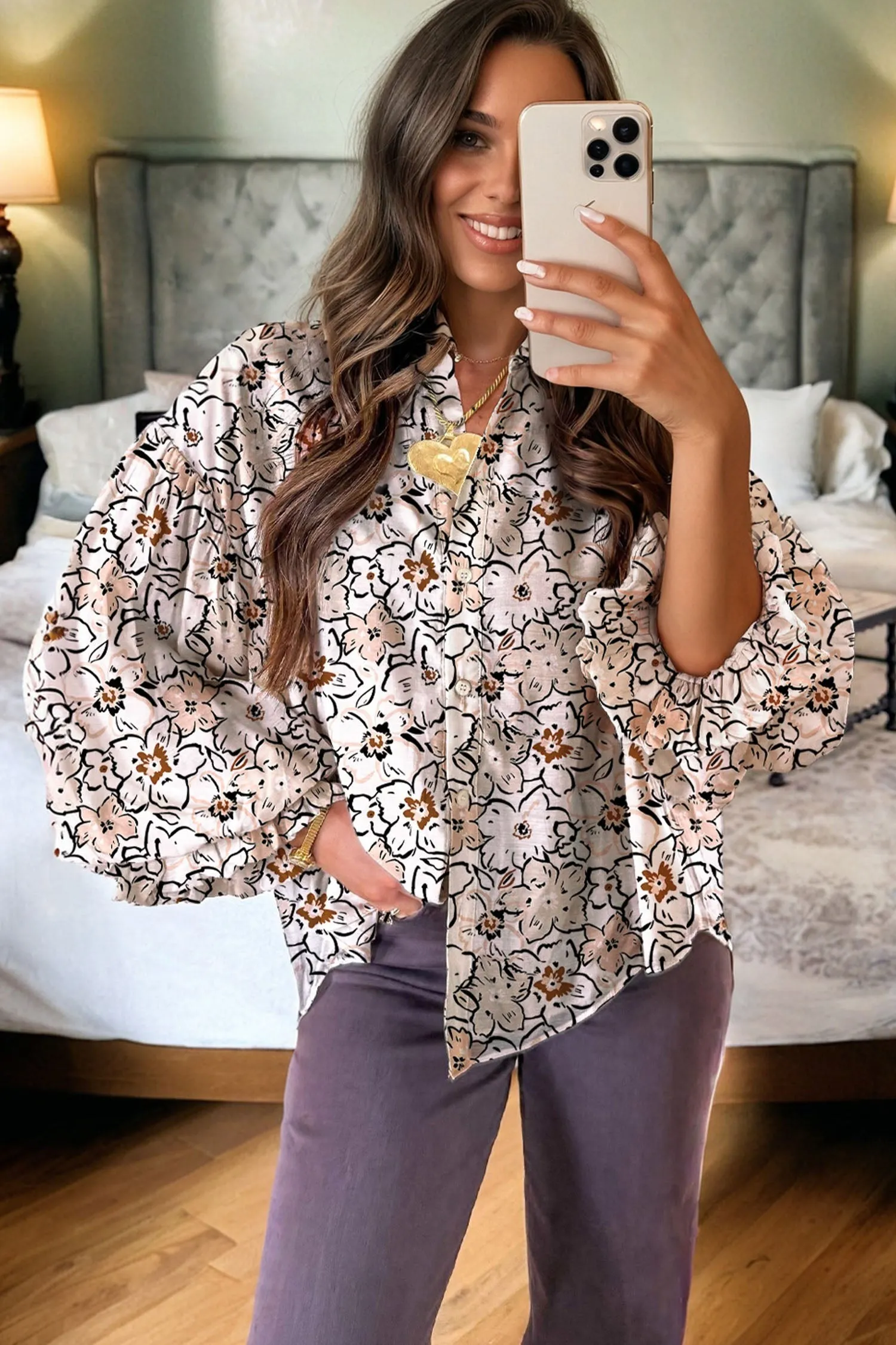 Bold Floral Print Frilled Puff Sleeve Button Down Shirt sold by Beagle Boutique product image thumbnail 3