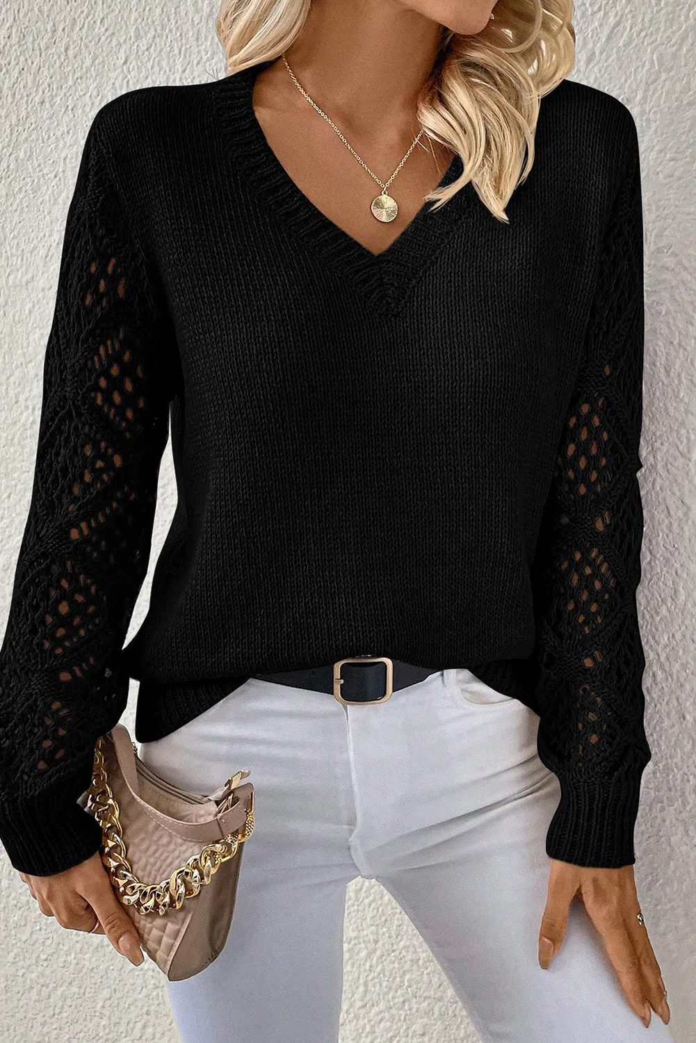 V-Neck Pointelle Knit Sleeve Sweater sold by Beagle Boutique product image thumbnail 2