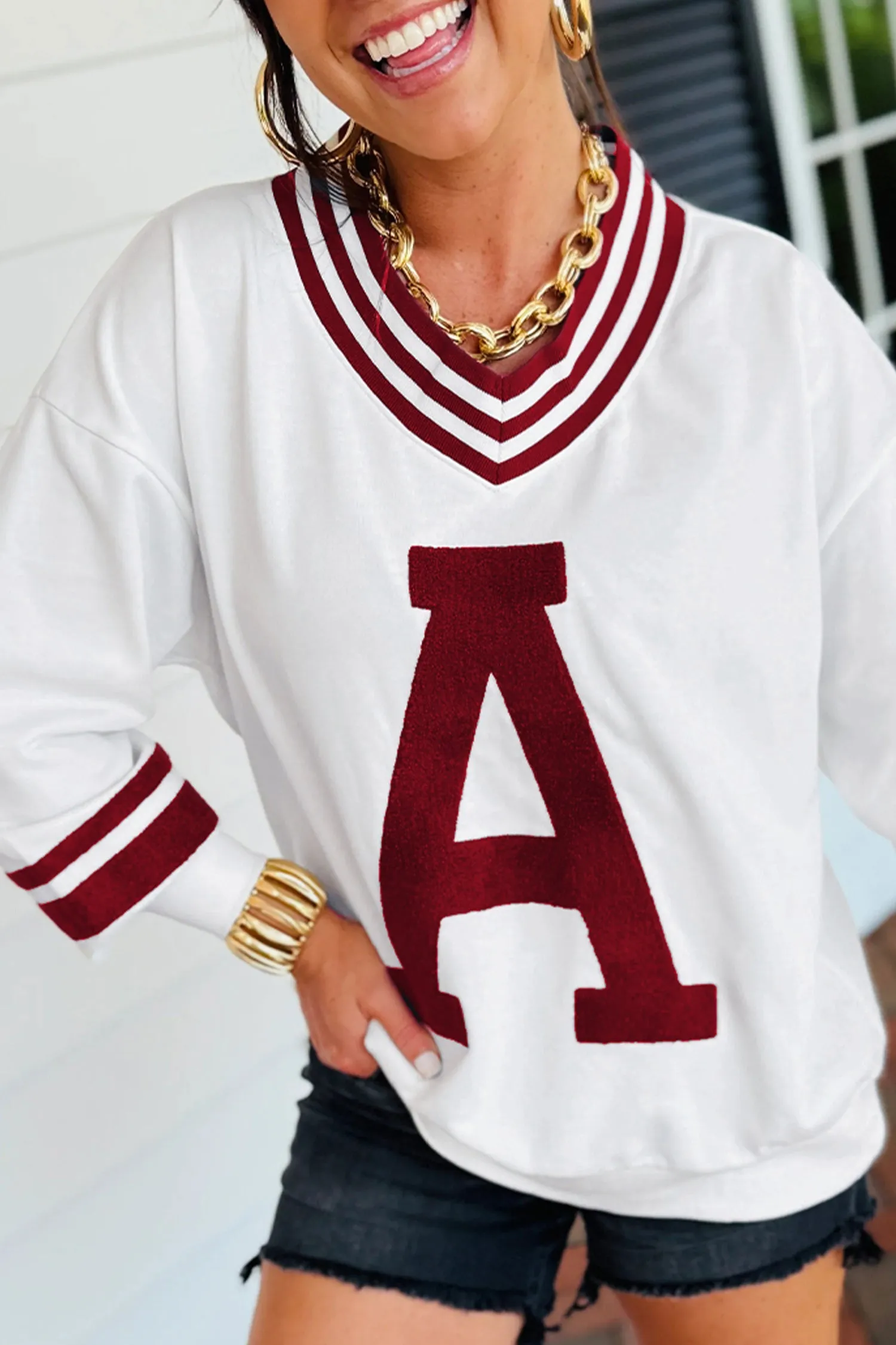Chenille Letter A Graphic Varsity Striped V-Neck Puff Sleeve Sweatshirt sold by Beagle Boutique product image thumbnail 2