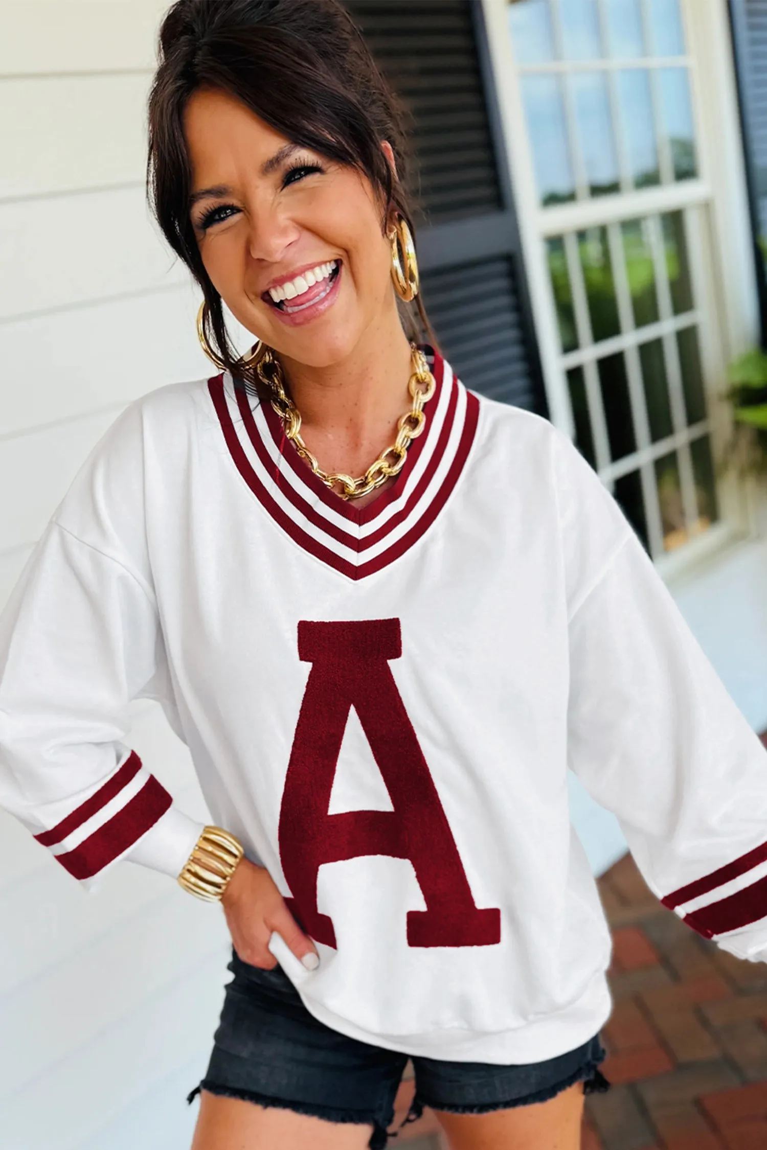 Chenille Letter A Graphic Varsity Striped V-Neck Puff Sleeve Sweatshirt sold by Beagle Boutique product image thumbnail 5