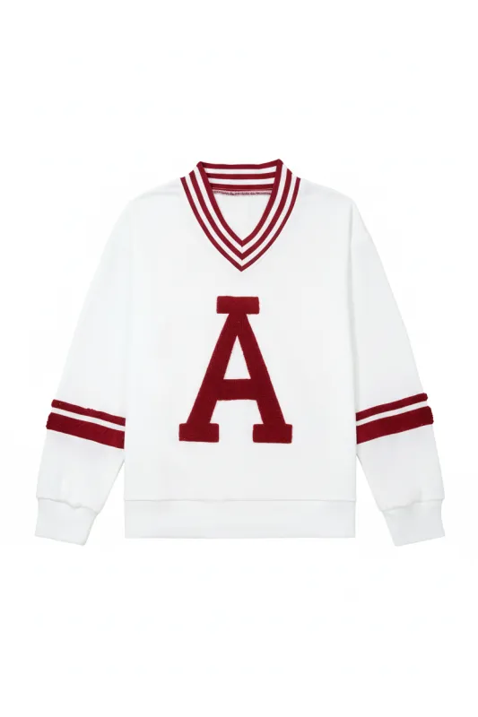 Chenille Letter A Graphic Varsity Striped V-Neck Puff Sleeve Sweatshirt sold by Beagle Boutique