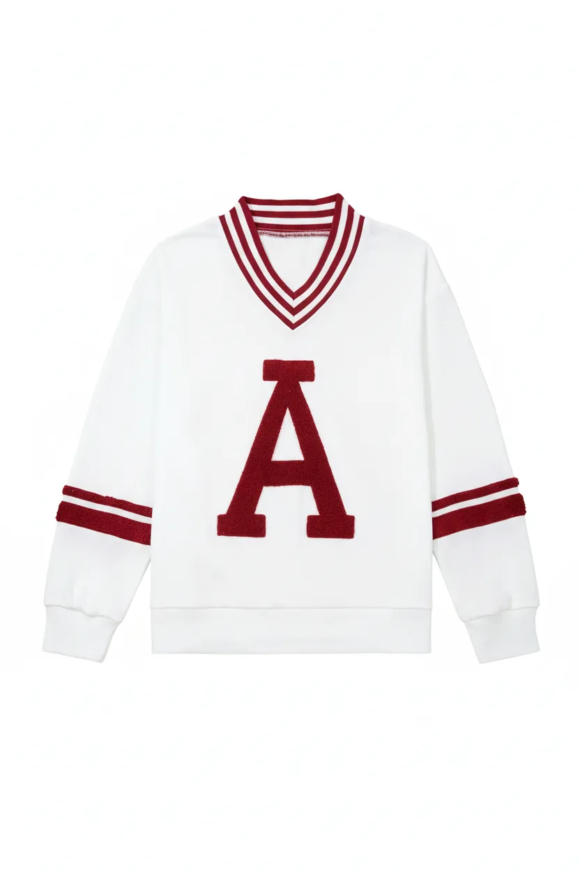 Chenille Letter A Graphic Varsity Striped V-Neck Puff Sleeve Sweatshirt sold by Beagle Boutique